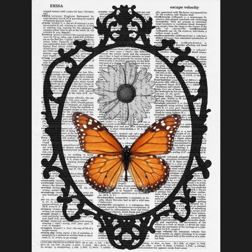 Retro Monarch Butterfly Daisy Floral Vintage Dictionary Art Print